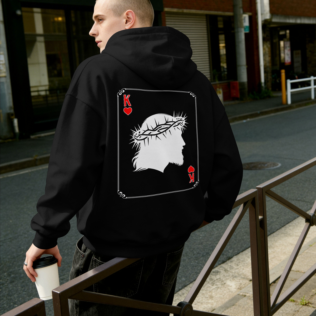 King of Hearts Christ Hoodie - Black - worn, back view