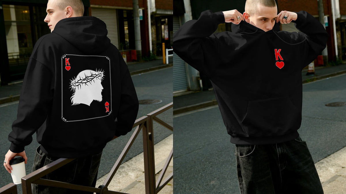 King of Hearts Christ Hoodie banner - front and back of the black hoodie with the crown of thorns King of Hearts card design